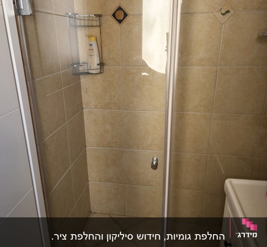 מקלחון עם בקבוק שמפו על מדף מתכת